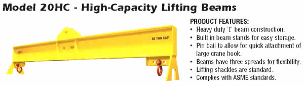 Model 20HC High Capacity Lifting Beam. Heavy Duty "I" Beam Construction, Built In Beam Stands for Easy Storage, Pin Bail To Allow for Quick Attachment of Large Crane Hook, Beams Have Three Spreads for Flexivility, Lifting Shackles are Standard, Complies with ASME Standards. 50 Ton Spreader Beams, 65 Ton Spreader Beams, 80 Ton Spreader Beams