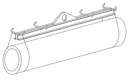 Model 18 Fixed Twin Basket Sling Lifting Beam Operation.  The Model 18 Fixed Twin Basket Sling Lifting Beam is designed to be used with slings in a basket hitch. This provides the greatest clearance in a low headroom rigging application. Two sets of bent bar hooks are standard on unites with a spread of six feet and greater. Spread 2 is 1/2 of spread 1. Bent Bar Hooks are designed to handle up to a 2" sling eye width. Complies with ASME standards.